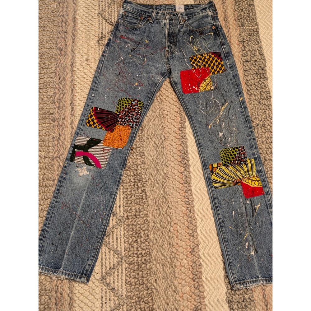 Res Ipsa Upcycled Levi's 501 Patchwork Paint Splatter Jeans Size 28 Medium Wash